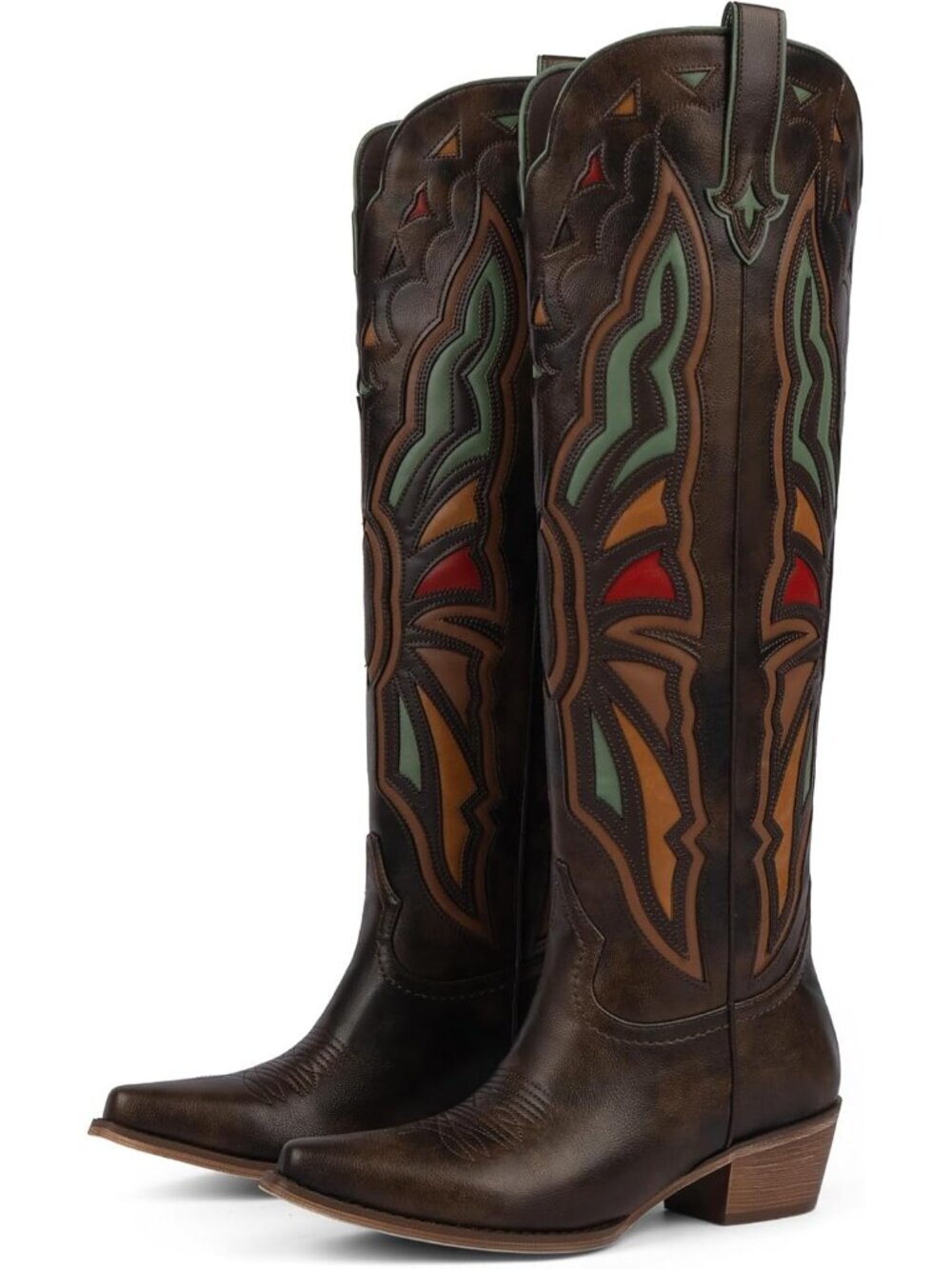 Women B-chocolate Leather Knee High Chunky Butterfly Cowgirl Calf Pointed Boot - Picture 5 of 6